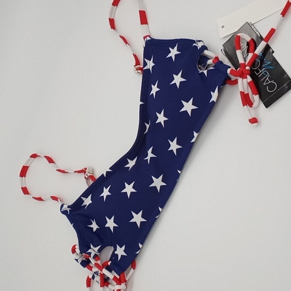 California Waves Star and Stripes Lace-Up‎ Bralette Bikini Top Red White Blue XS